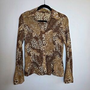 Vintage Y2K Notations Leopard Print Ribbed Top Collared Button-Up — Size Medium